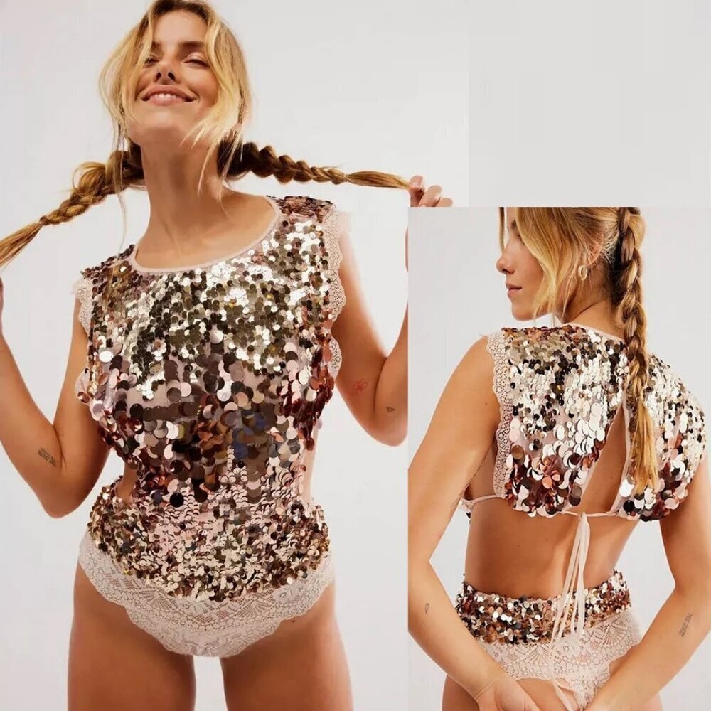 New Free People Gold Main Character Bodysuit Size M